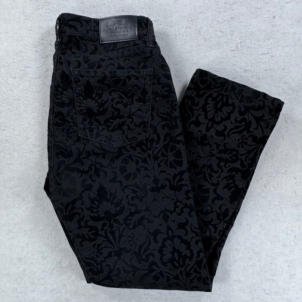 Lauren Ralph Lauren Petite Black Damask Flocked Velvet Straight Leg Pants 6P